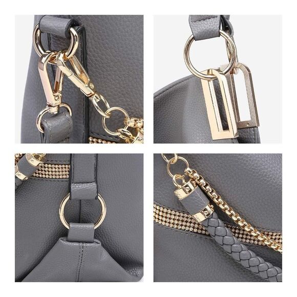 DAESIN Women’s Gray Classic Chain Large Hobo Handbag With Rhinestone Detail - Picture 3 of 12